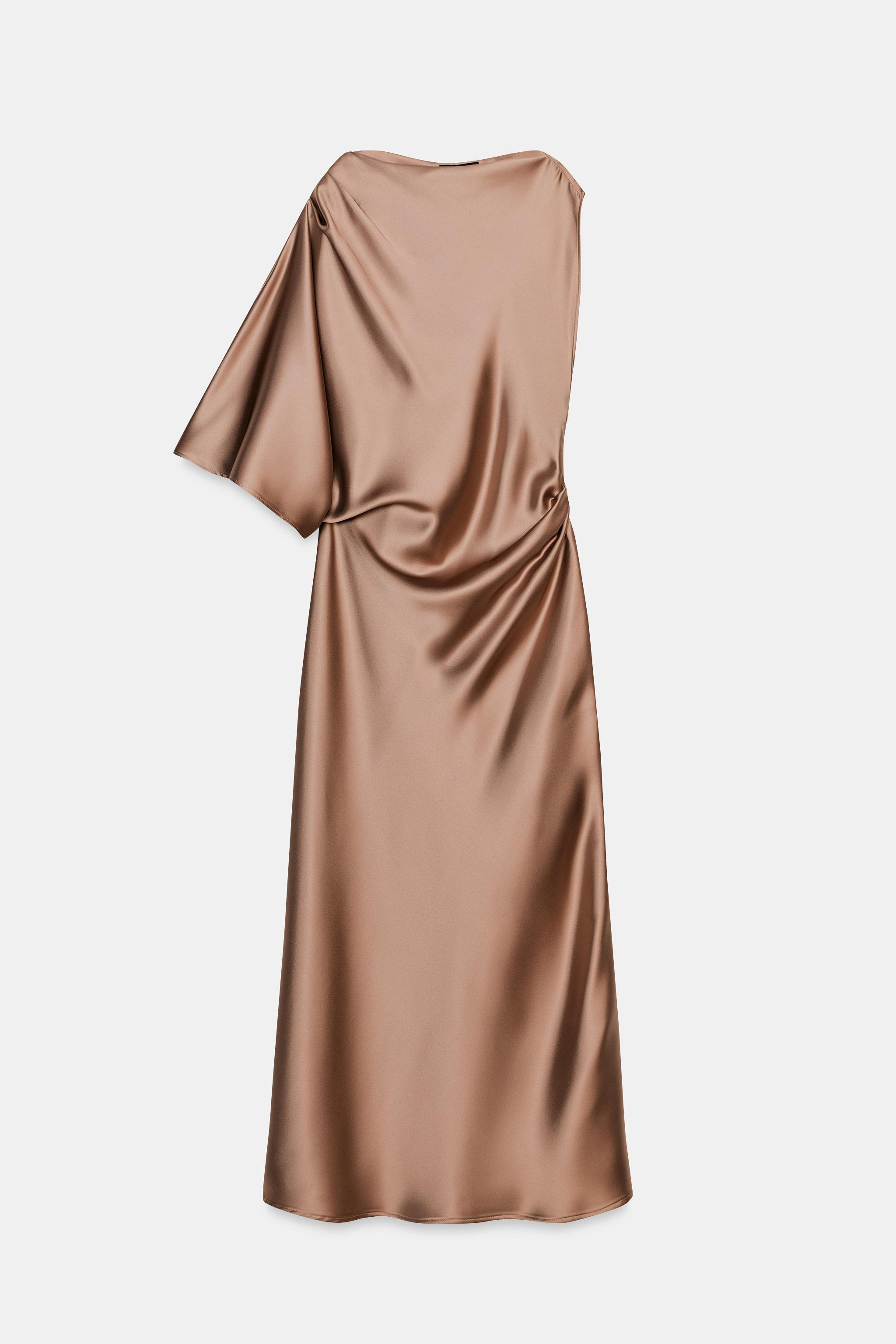 ROBE MI-LONGUE SATINÉE MANCHE ASYMÉTRIQUE